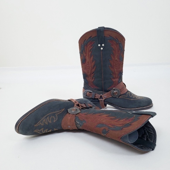 Vintage Two-Tone Cowboy Boots harness buckle black brown heel western cowgirl - Picture 7 of 12